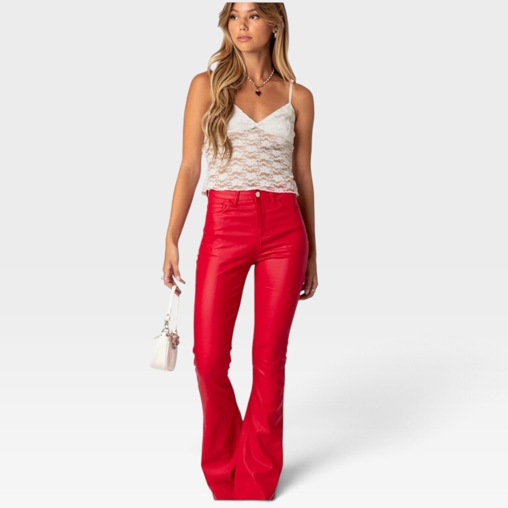 Edikted Luna Faux Leather Flare Jeans – Bright Red High-Waist Flared Women Jeans